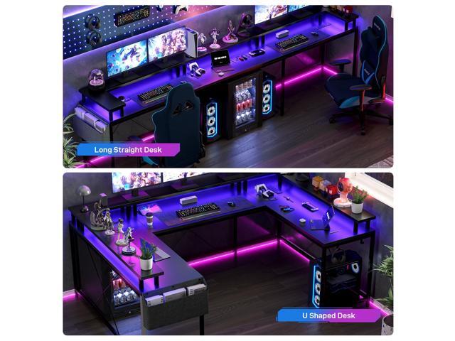 Jojoka U Shaped Computer Gaming Desk, Reversible L Shaped Desk with Power Outlets, LED Strip & Monitor Stand, Large Corner Desk with Storage...