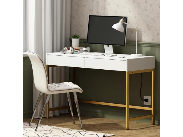 Treocho Computer Desk with USB Charging Ports and Power Outlets, Modern Simple 47 inch Vanity Desk with 2 Drawers, Makeup Table for Home Office,...