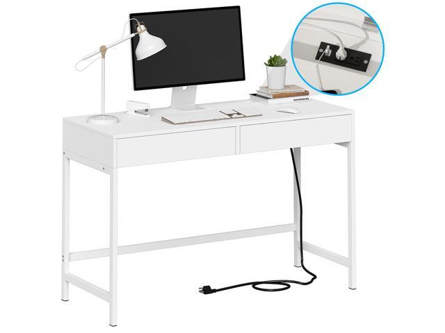 Treocho White Desk with USB Charging Ports and Power Outlets, Modern Simple 47 inch Computer Desk with 2 Drawers, Vanity Table, Makeup Table for...