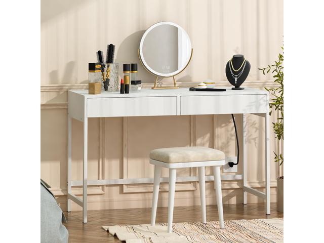 Treocho White Desk with USB Charging Ports and Power Outlets, Modern Simple 47 inch Computer Desk with 2 Drawers, Vanity Table, Makeup Table for...