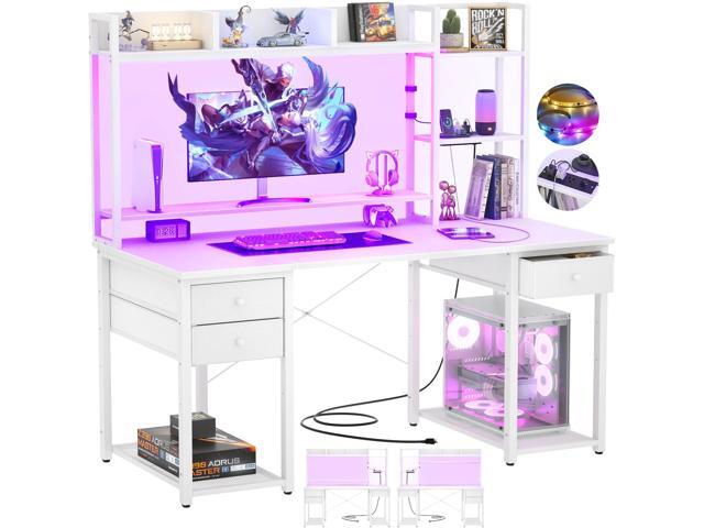 Aheaplus Desk with LED and Outlets, Gaming Desk with Hutch, 47.2'' Computer Desk with Drawers, Reversible Office Desk with Storage Bookshelf Large...