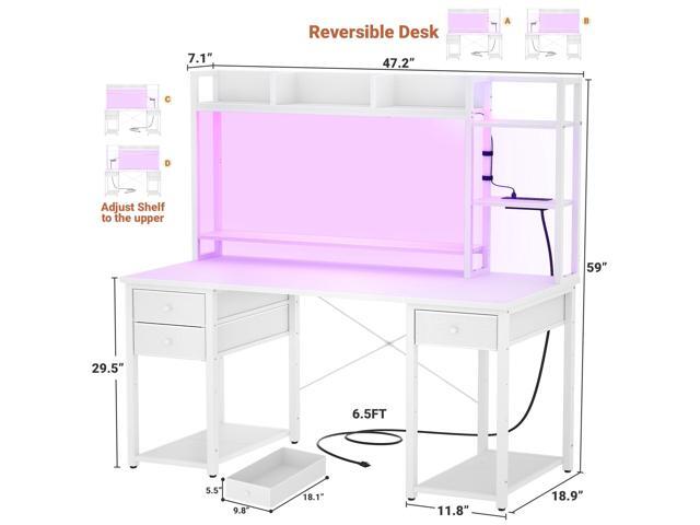 Aheaplus Desk with LED and Outlets, Gaming Desk with Hutch, 47.2'' Computer Desk with Drawers, Reversible Office Desk with Storage Bookshelf Large...