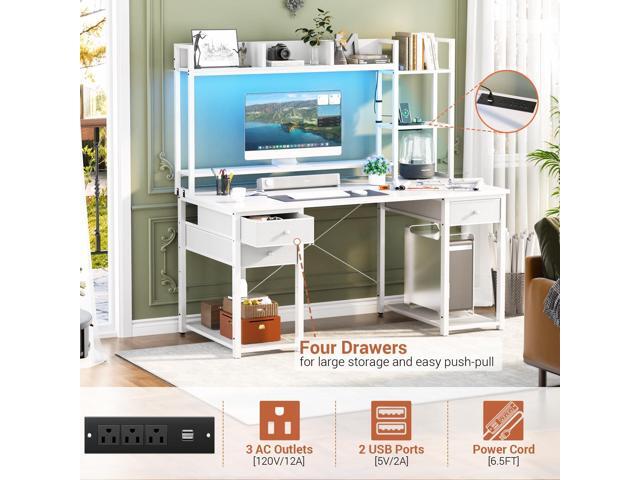 Aheaplus Desk with LED and Outlets, Gaming Desk with Hutch, 47.2'' Computer Desk with Drawers, Reversible Office Desk with Storage Bookshelf Large...