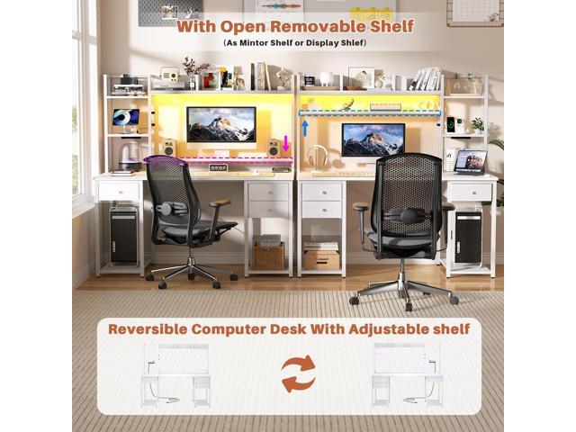Aheaplus Desk with LED and Outlets, Gaming Desk with Hutch, 47.2'' Computer Desk with Drawers, Reversible Office Desk with Storage Bookshelf Large...