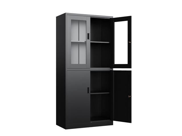 Yizosh Metal Storage Cabinet with Glass Doors - 71' Locking Display Cabinet with 2 Adjustable Shelves for Kitchen, Living Room,Dining Room (Black)