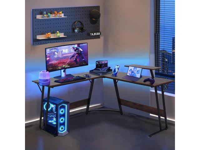 51 inch L Shaped Gaming Desk, Computer Desk for Bedroom, Brown L shaped Desk for Gaming,Home Office Desks with Detachable Monitor Stand, Corner...