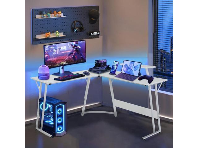 51 inch L Shaped Gaming Desk, Computer Desk for Bedroom, White L shaped Desk for Gaming,Home Office Desks with Detachable Monitor Stand, Corner...