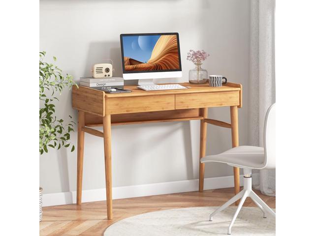 Giantex Computer Desk, 39.5' Bamboo Home Office Desk with 2 Storage Drawers and Open Shelf, Makeup Table Vanity Desk, Modern Writing Desk Computer...