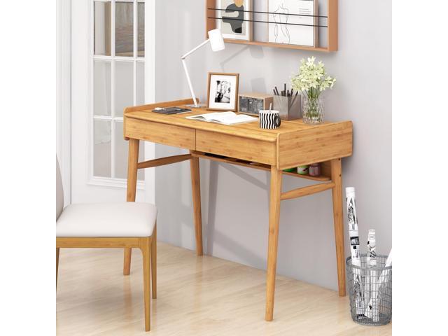 Giantex Computer Desk, 39.5' Bamboo Home Office Desk with 2 Storage Drawers and Open Shelf, Makeup Table Vanity Desk, Modern Writing Desk Computer...