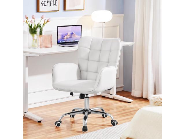 Yaheetech Modern Faux Leather Office Chair Ergonomic Adjustable Makeup Chair with Padded Armrests Big Seat for Office, Bedroom, Living Room, White