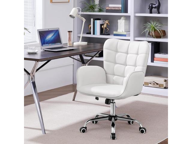 Yaheetech Modern Faux Leather Office Chair Ergonomic Adjustable Makeup Chair with Padded Armrests Big Seat for Office, Bedroom, Living Room, White