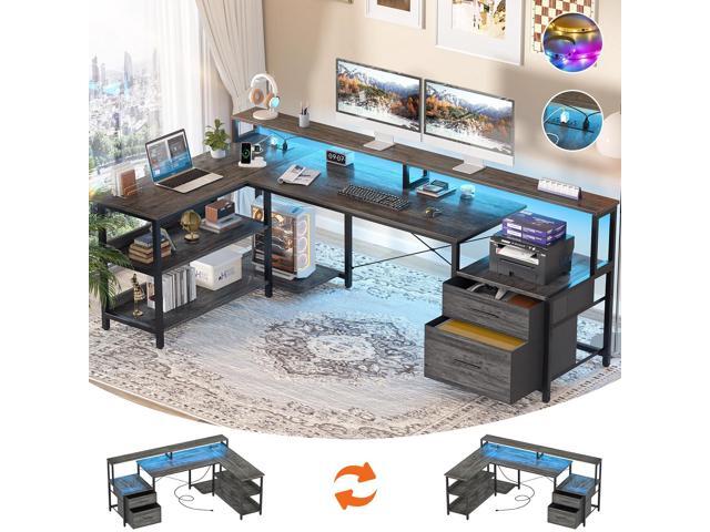 Aheaplus L Shaped Desk with File Drawer, 72.8' Reversible L Shaped Computer Desk with Power Outlet & LED Strip, Gaming Desks with Monitor Stand,...