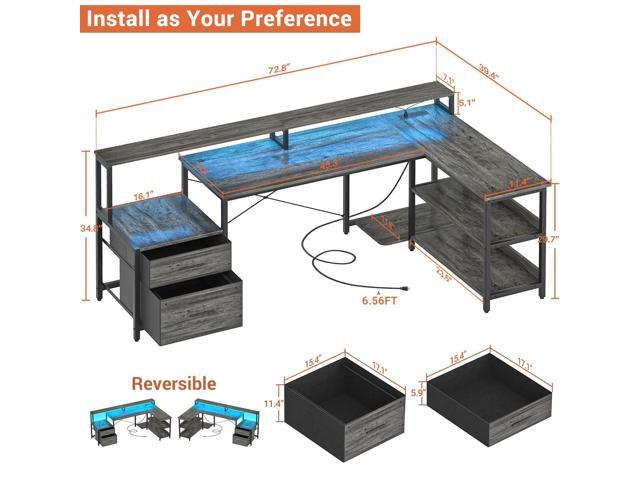 Aheaplus L Shaped Desk with File Drawer, 72.8' Reversible L Shaped Computer Desk with Power Outlet & LED Strip, Gaming Desks with Monitor Stand,...
