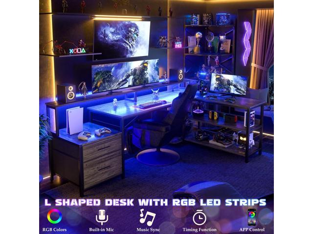Aheaplus L Shaped Desk with File Drawer, 72.8' Reversible L Shaped Computer Desk with Power Outlet & LED Strip, Gaming Desks with Monitor Stand,...