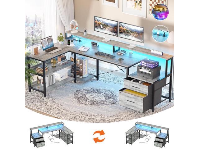 Aheaplus L Shaped Desk with File Drawer, 72.8' Reversible L Shaped Computer Desk with Power Outlet & LED Strip, Gaming Desk with Monitor Stand,...
