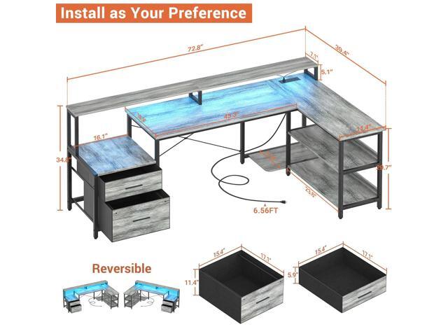 Aheaplus L Shaped Desk with File Drawer, 72.8' Reversible L Shaped Computer Desk with Power Outlet & LED Strip, Gaming Desk with Monitor Stand,...
