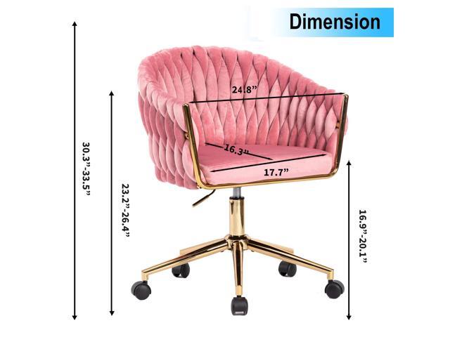 Cute Velvet Office Chair with Back and Golden Wheels, 360° Swivel Small Office Desk Chair Makeup Vanity Chair for Bedroom, Pink Rolling Chair