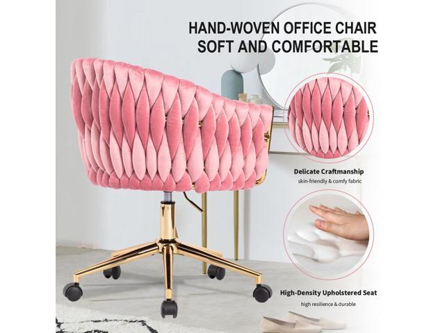 Cute Velvet Office Chair with Back and Golden Wheels, 360° Swivel Small Office Desk Chair Makeup Vanity Chair for Bedroom, Pink Rolling Chair