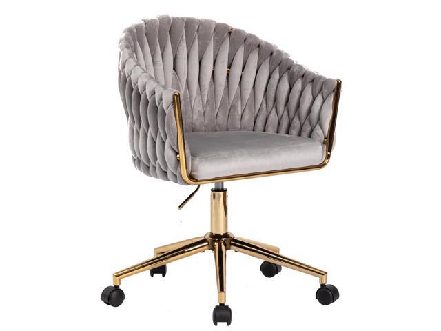 Velvet Office Chair with Hand Woven Back, Vanity Desk Chairs with Golden Wheels, Swivel Home Office Desk Chair, Accent Makeup Desk Chair for...
