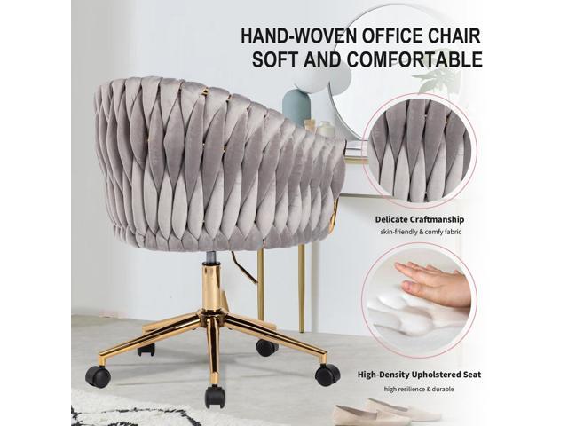 Velvet Office Chair with Hand Woven Back, Vanity Desk Chairs with Golden Wheels, Swivel Home Office Desk Chair, Accent Makeup Desk Chair for...