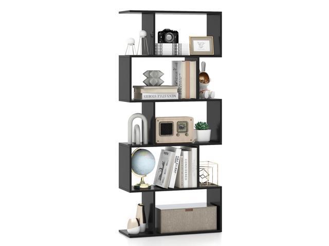 Giantex 5-Tier Geometric Bookshelf Black, 62.5' Tall Wood S-Shaped Bookcase with Anti-Tipping Device, Floor Standing Display Shelf for Bedroom,...