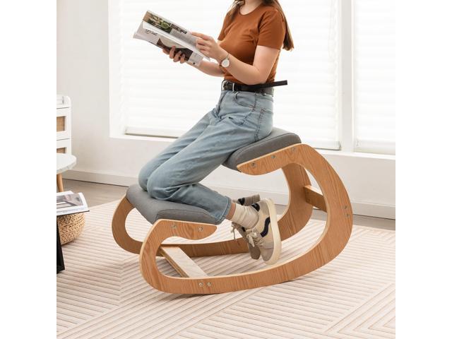 GOFLAME Ergonomic Kneeling Chair, Wooden Rocking Knee Chair with Comfortable Padded Seat Cushion & Knee Support for Home Office, Upright Posture...