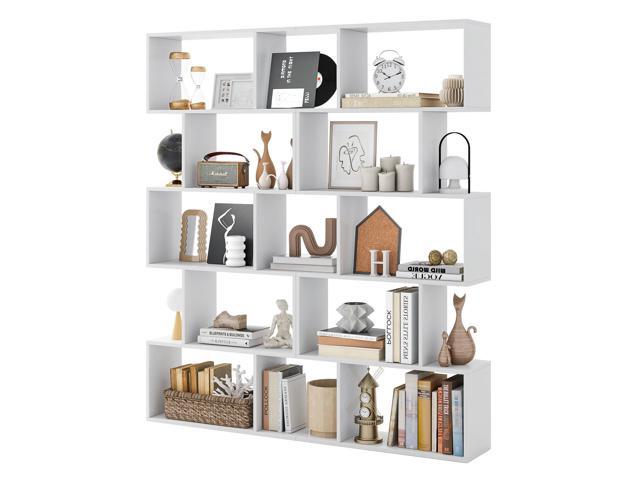 Giantex 5-Tier Geometric Bookshelf Set of 2, 62.5' Tall Wood S-Shaped Bookcase with Anti-Tipping Device, Floor Standing Display Book Shelf for...