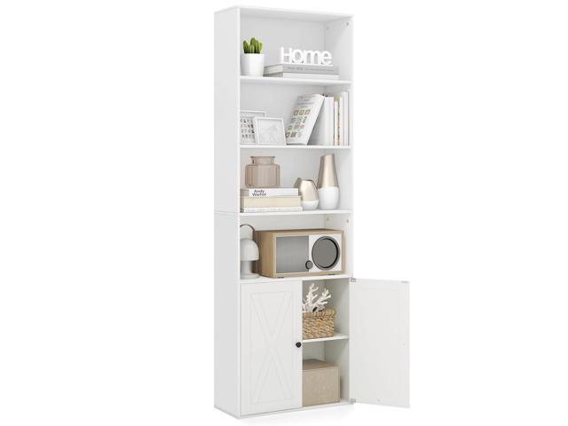 Giantex 71' Tall Bookcase with Doors, Modern 4-Tier White Bookshelf with Anti-Tipping Kits, Farmhouse Wooden Book Shelf with Storage, Wood Open...