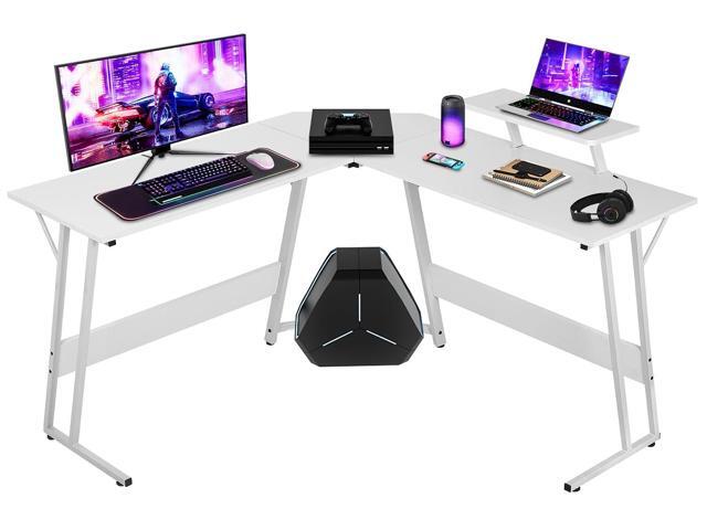 NChanmar L Shaped Gaming Desk with Monitor Riser Stand, Home Office Corner Desk for Studying, Working and Gaming, Large Desktop, White