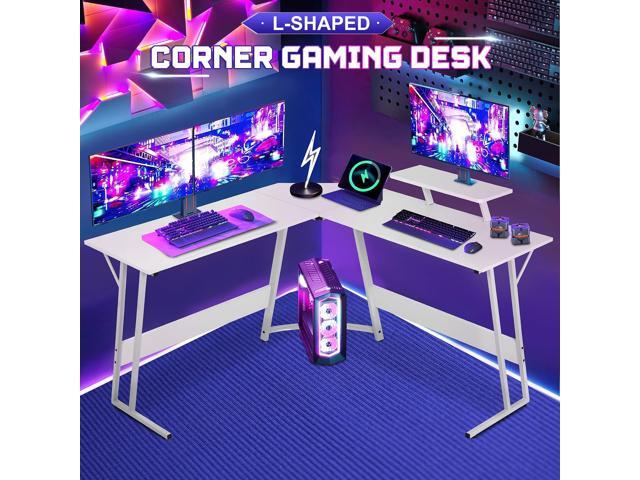 NChanmar L Shaped Gaming Desk with Monitor Riser Stand, Home Office Corner Desk for Studying, Working and Gaming, Large Desktop, White