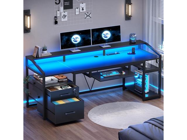 SEDETA 63' Computer Desk, Office Desk with Lockable Drawers for Legal/Letter File, Gaming Desk with LED Lights & Power Outlet, Home Office Desks...