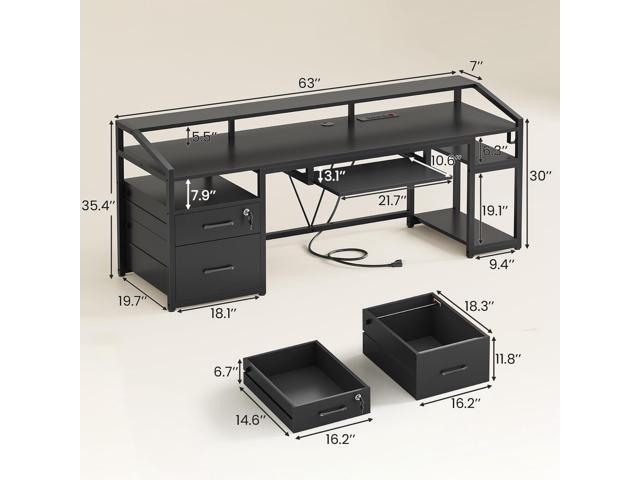 SEDETA 63' Computer Desk, Office Desk with Lockable Drawers for Legal/Letter File, Gaming Desk with LED Lights & Power Outlet, Home Office Desks...