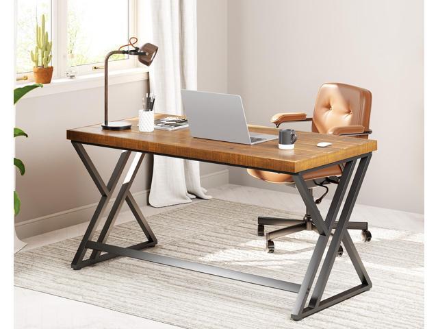 Real Wood Computer Desk, Modern Natural Wood Home Office Desk, Rustic Solid Wood Work Study Writing Desk, Farmhouse Workstation PC Gaming Executive...
