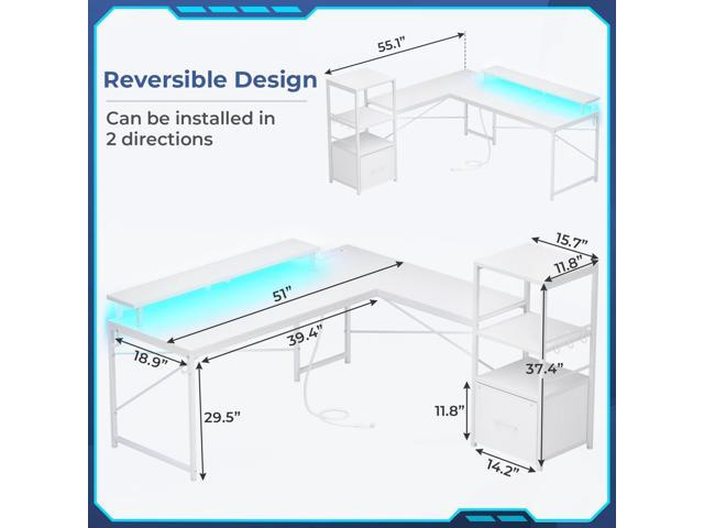 SEDETA White L Shaped Desk with Fabric Drawer, Reversible 51 Corner Desk with Storage Shelves, L Shaped Gaming Table with LED Strip, Power Outlet...