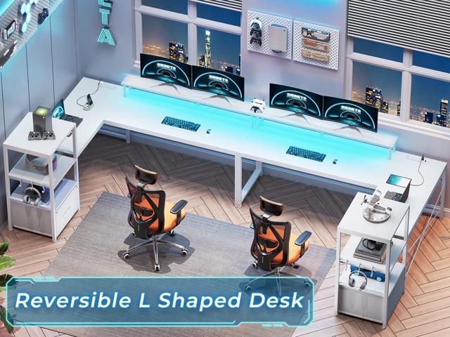 SEDETA White L Shaped Desk with Fabric Drawer, Reversible 51 Corner Desk with Storage Shelves, L Shaped Gaming Table with LED Strip, Power Outlet...