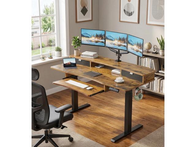 HUANUO 55' x 26' Electric Standing Desk with 2 Drawers & 26.7' Large Keyboard Tray, C-Clamp Mount Compatible, Adjustable Computer Desk for Home...
