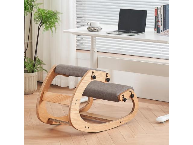 Ergonomic Kneeling Chair,Adjustable Rocking Knee Chair for Home Office,Wooden Office Chair for Back Pain Relief, Grey