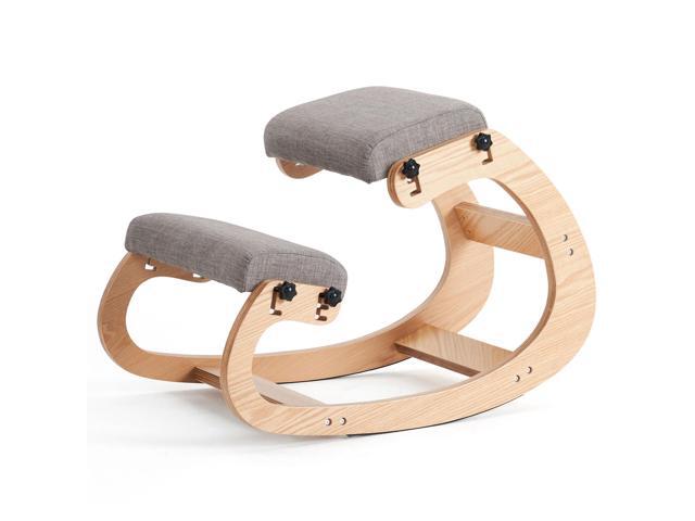 Ergonomic Kneeling Chair,Adjustable Rocking Knee Chair for Home Office,Wooden Office Chair for Back Pain Relief, Grey