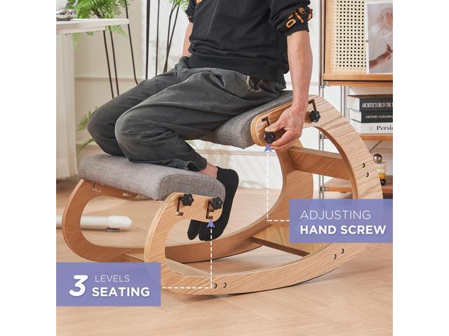 Ergonomic Kneeling Chair,Adjustable Rocking Knee Chair for Home Office,Wooden Office Chair for Back Pain Relief, Grey
