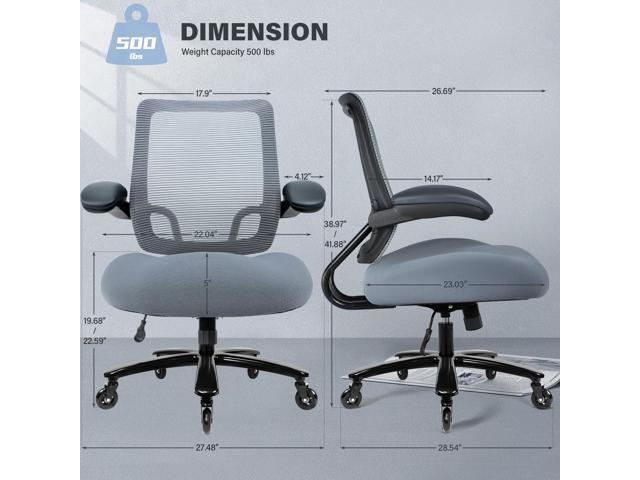 500LBS Big and Tall Office Chair with Flip-Up Armrests, Heavy Duty Office Chair for Heavy People, Memory Foam Seat Filling Springs, Grey