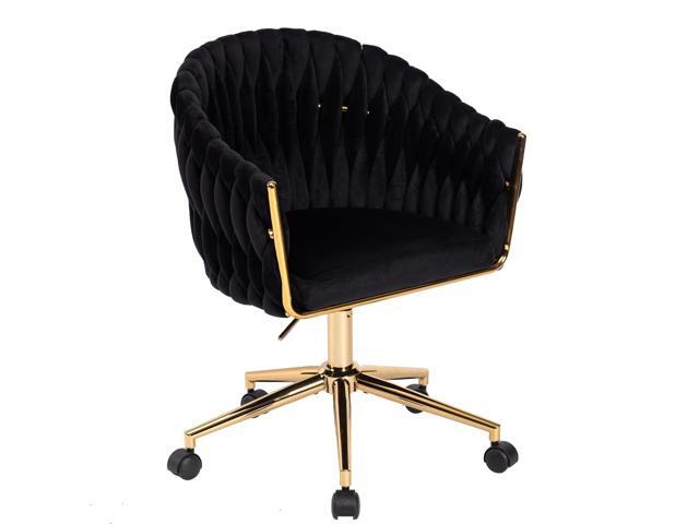 Velvet Office Chair with Hand Woven, Black Vanity Chairs with Golden Wheels, 360° Swivel Home Office Desk Chair Computer Chairs, Accent Chair...