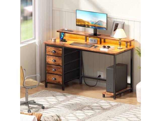 Furologee Computer Desk with Power Outlets & Monitor Stand, 47 Inch Reversible Gaming Desk with LED Lights & 4 Fabric Drawers, Writing Work Table...
