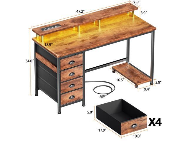 Furologee Computer Desk with Power Outlets & Monitor Stand, 47 Inch Reversible Gaming Desk with LED Lights & 4 Fabric Drawers, Writing Work Table...