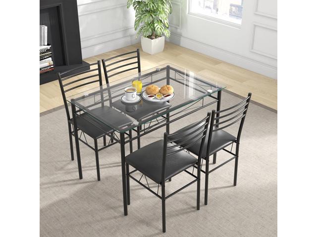 Giantex 5 Piece Dining Table Set, Kitchen Dining Set with Tempered Glass Table Top and 4 Upholstered Chairs, Dinette Set for 4 for Breakfast Nook...