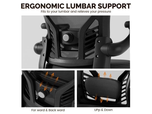 Computer Desk Chair with Wheels, Mesh Office Chair with Flip Up Arms, Adjustable Lumbar Support, Swivel Desk Chair Comfy, Black