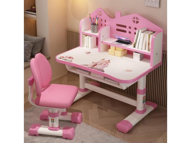 Kids Desk and Chair Set, Adjustable Height Kids Desk with Storage and Drawers Girls Desk Pink Writing Reading Drawing