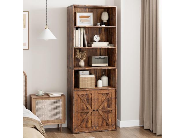 GAOMON Bookcase with Doors Farmhouse Bookshelf 11.8in Depth Wooden Display Storage Shelves 71.4in Tall Bookcases Industrial 6 Shelf Grey...