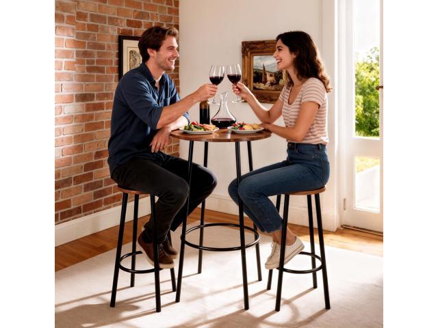 Nova Microdermabrasion 3 Piece Dining Table Set, Modern Round Bar Table and 2 Stools, Counter Height Wood Table and Chairs for Kitchen Breakfast...