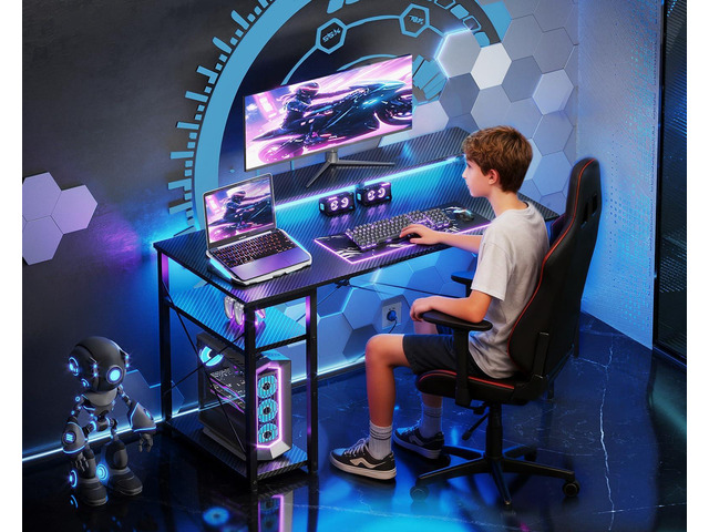 MOTPK 40 Inch Small Gaming Desk with Storage & Led Lights, Computer Desk with Shelf, Reversible Gamer Desk with Monitor Stand, Carbon Fiber Texture...
