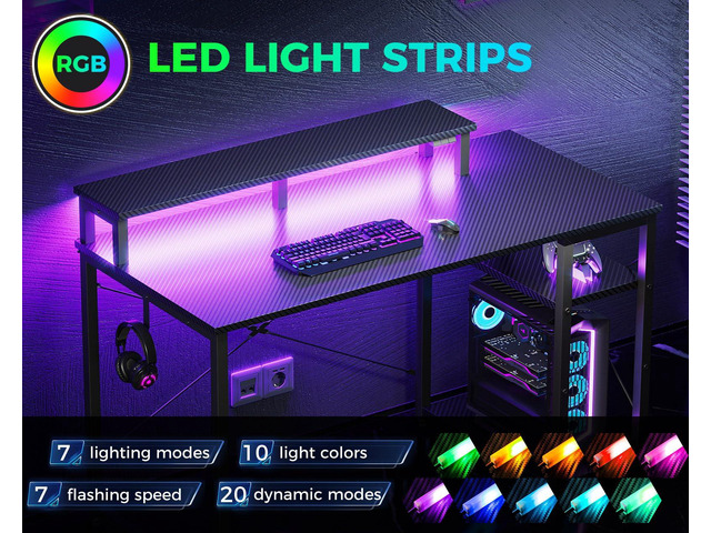 MOTPK 40 Inch Small Gaming Desk with Storage & Led Lights, Computer Desk with Shelf, Reversible Gamer Desk with Monitor Stand, Carbon Fiber Texture...